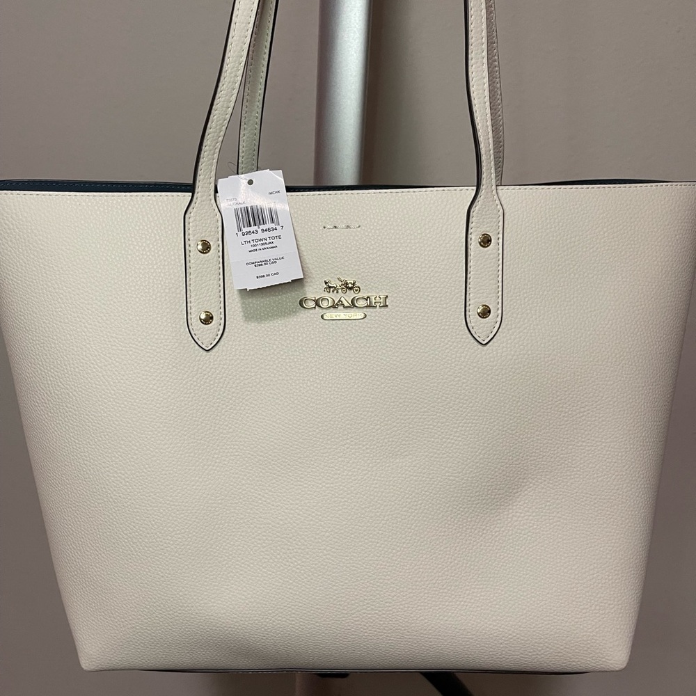 Coach Town Large Tote Leather Shoulder Bag Color chalk 72673 /Blue inside color